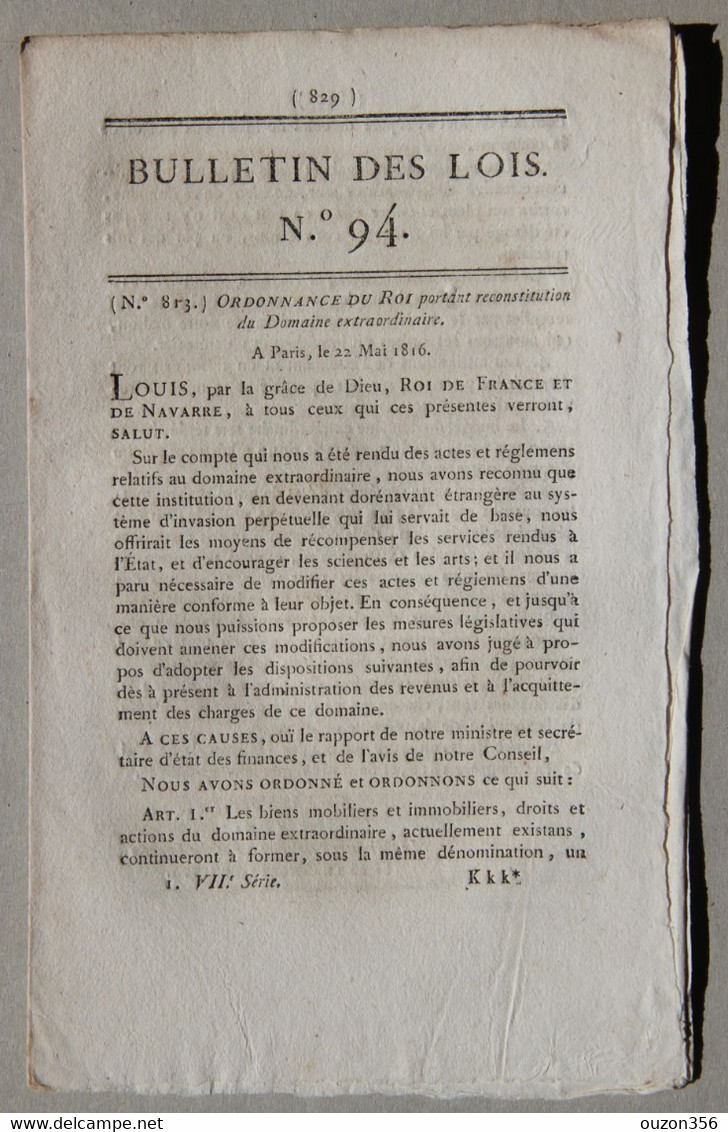Bulletin Des Lois Du Royaume De France N°94, 7e Série, T.2, 1816, Reconstitution  Domaine Extraordinaire - Décrets & Lois