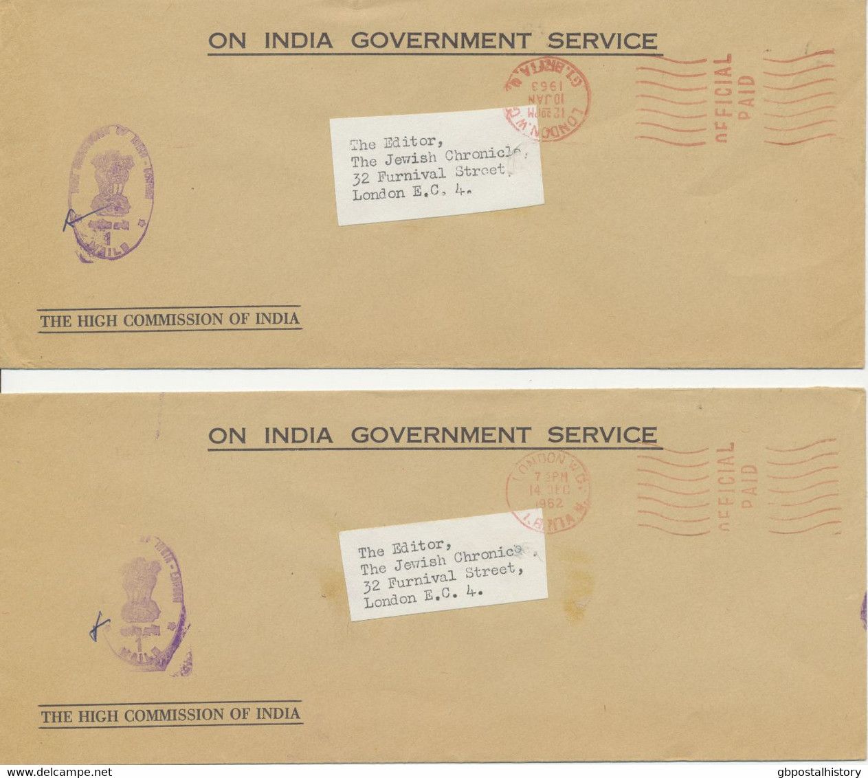 GB 1962/3, ON INDIA GOVERNMENT SERVICE – LONDON.W.C / GT.BRITAIN / OFFICIAL PAID Meterpost-Postmark On Two Superb Covers - Dienstzegels