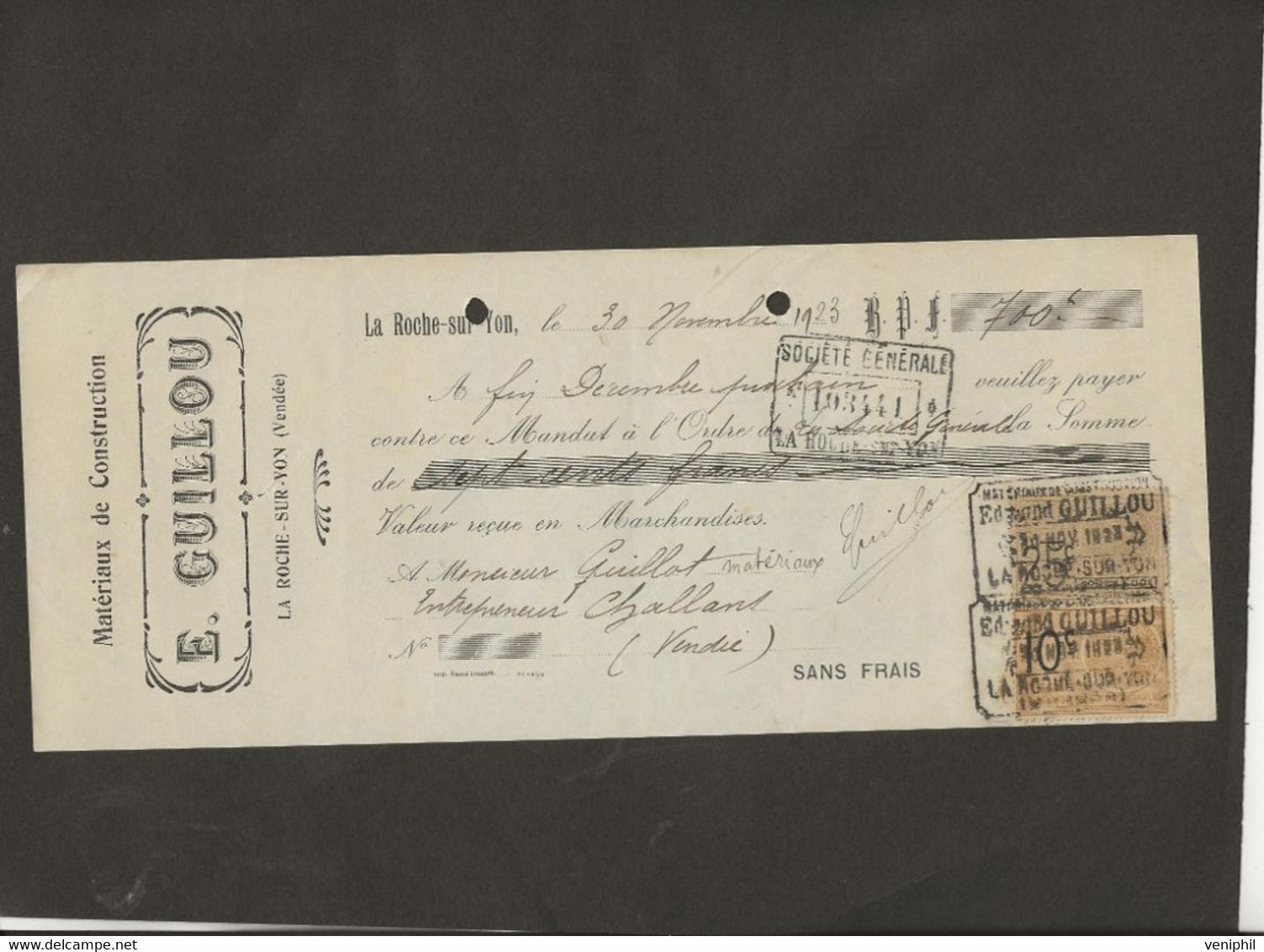 LETTRE DE CHANGE - MATERIAUX DE CONSTRUCTION -E. GUILLOU -LA ROCHE SUR YON -VENDEE -ANNEE 1923 - Bills Of Exchange