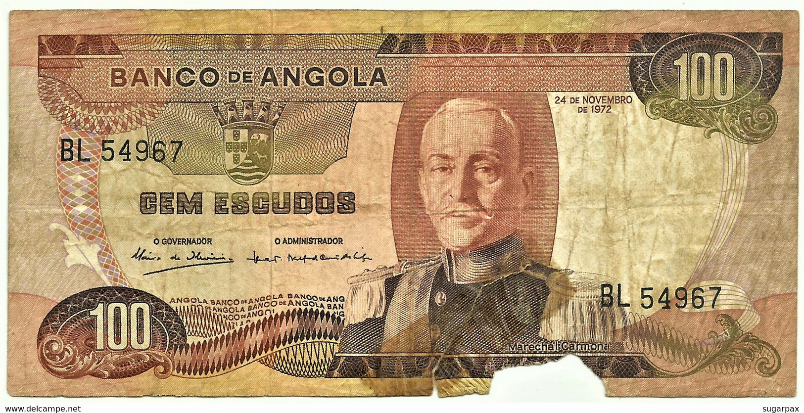 Angola - 100 Escudos - 24.11.1972 - Pick 101 - Série BL - Marechal Carmona - PORTUGAL - Angola