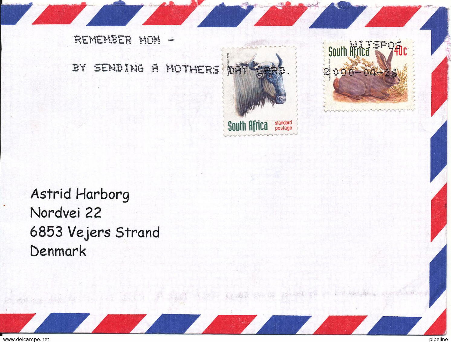 South Africa Air Mail Cover Sent To Denmark 26-4-2000 (the Cover Is Cut In The Left Side) - Posta Aerea