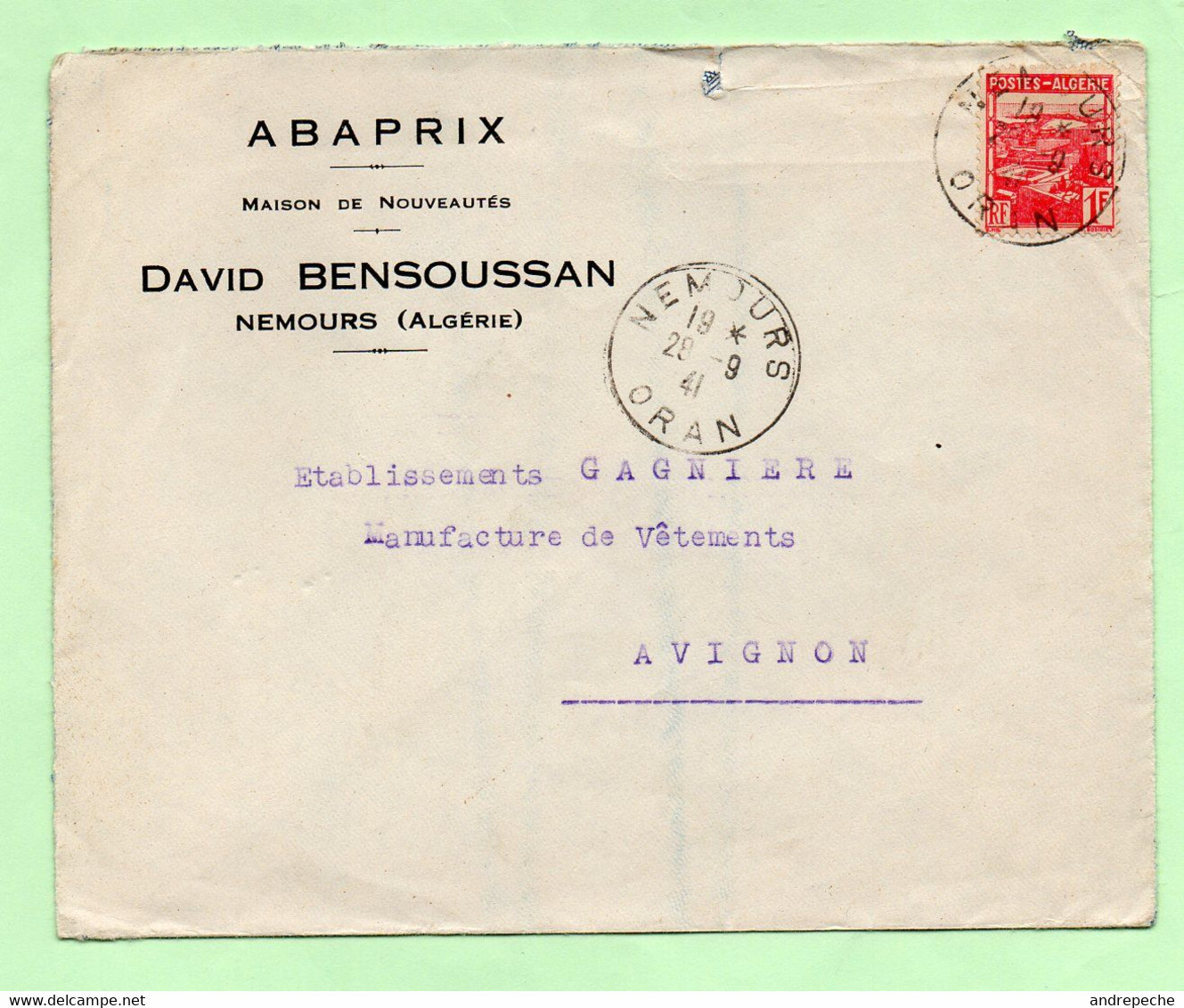 Lettre à ENTETE : "ABAPRIX" - NEMOURS (Algérie) - 28/9/41 - - Cartas & Documentos