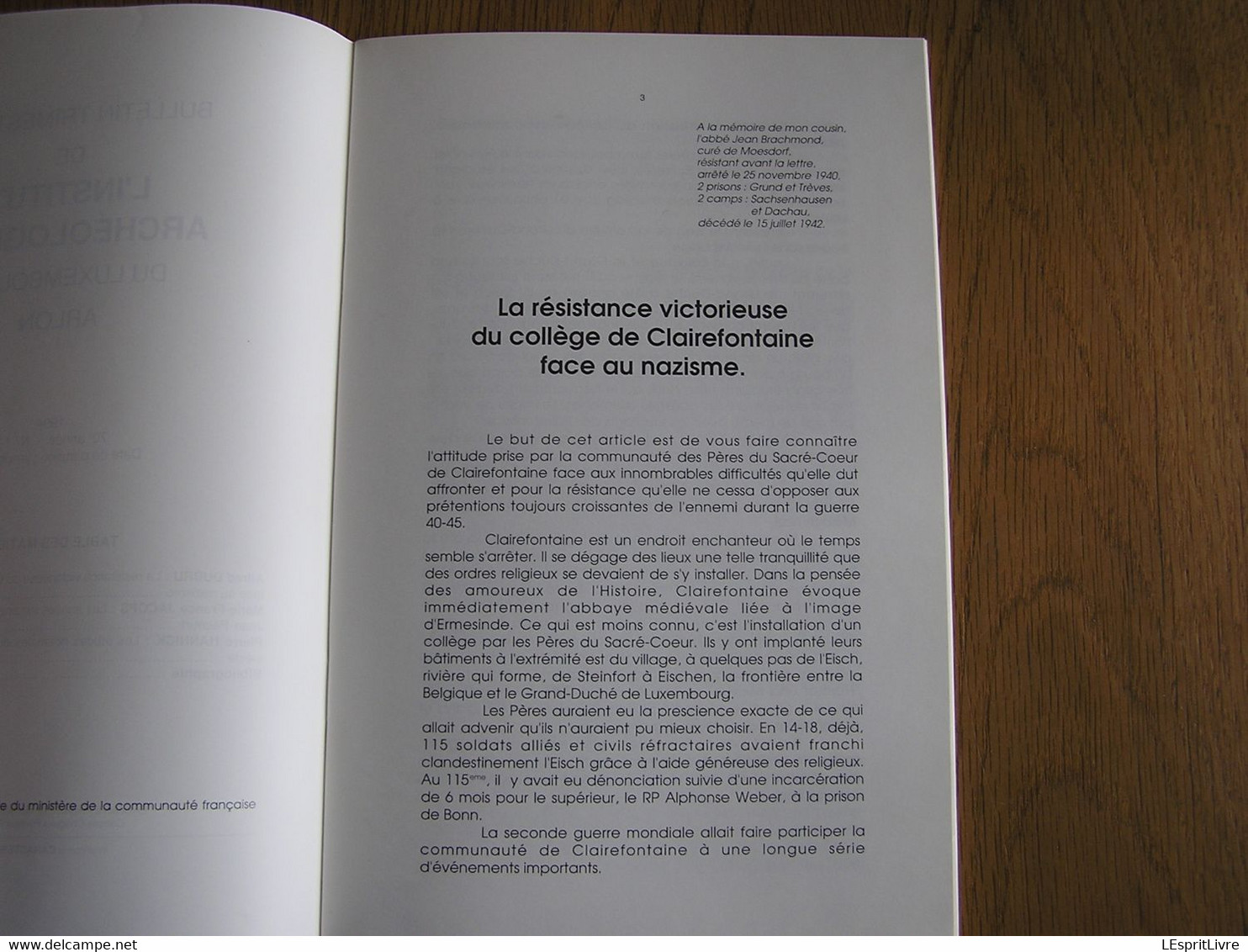 BULLETIN DE L'INSTITUT ARCHEOLOGIQUE DU LUXEMBOURG ARLON 1-2 1995 Régionalisme Résistance Collège Clairefontaine Etalle - Belgique