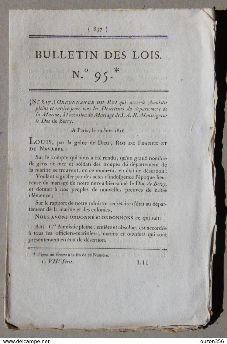 Bulletin Des Lois Du Royaume De France N°95, 7e Série, T.2, 1816, Amnistie Déserteurs De La Marine - Décrets & Lois