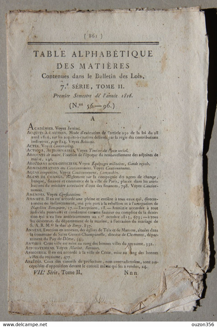 Bulletin Des Lois Du Royaume De France, 7e Série, T.2, 1816, Table Alphabétique Des Matières - Décrets & Lois