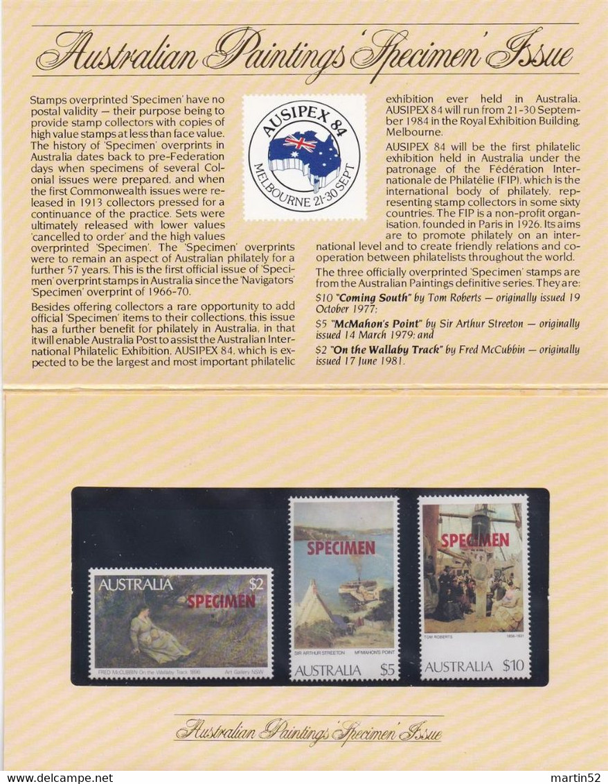 Australia 1984: Folder "Australian Paintings Specimen Jssue AUSIPEX 84 - $2 $5 $10 With Red Overprint SPECIMEN ** MNH - Variétés Et Curiosités