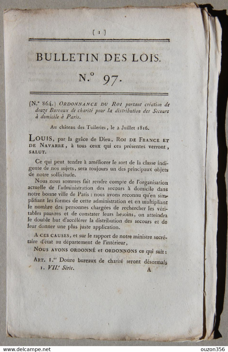 Bulletin Des Lois Du Royaume De France, N°97, 7e Série, T.3, 1816, Bureaux De Charité Et Secours à Domicile à Paris - Décrets & Lois