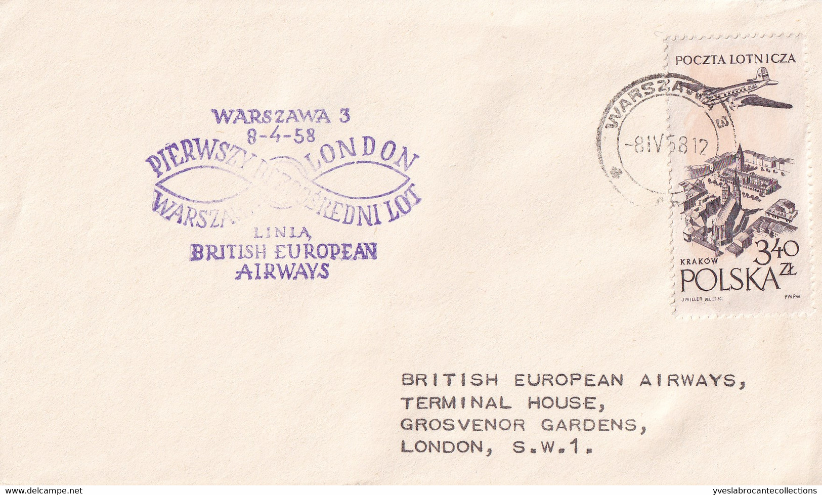 Opening Of BEA Service Between Warszawa -Varsovie - And London 8/04/1958 - Cachets Varsovie Et Londres - Airplanes