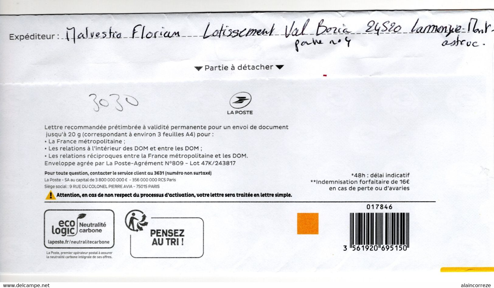 Entier Postal PAP 20g Lettre Recommandée Mobile R1 Avec Avis De Réception Dépôt En Boîte Aux Lettres (Type 1) Voir Dos - Prêts-à-poster:  Autres (1995-...)