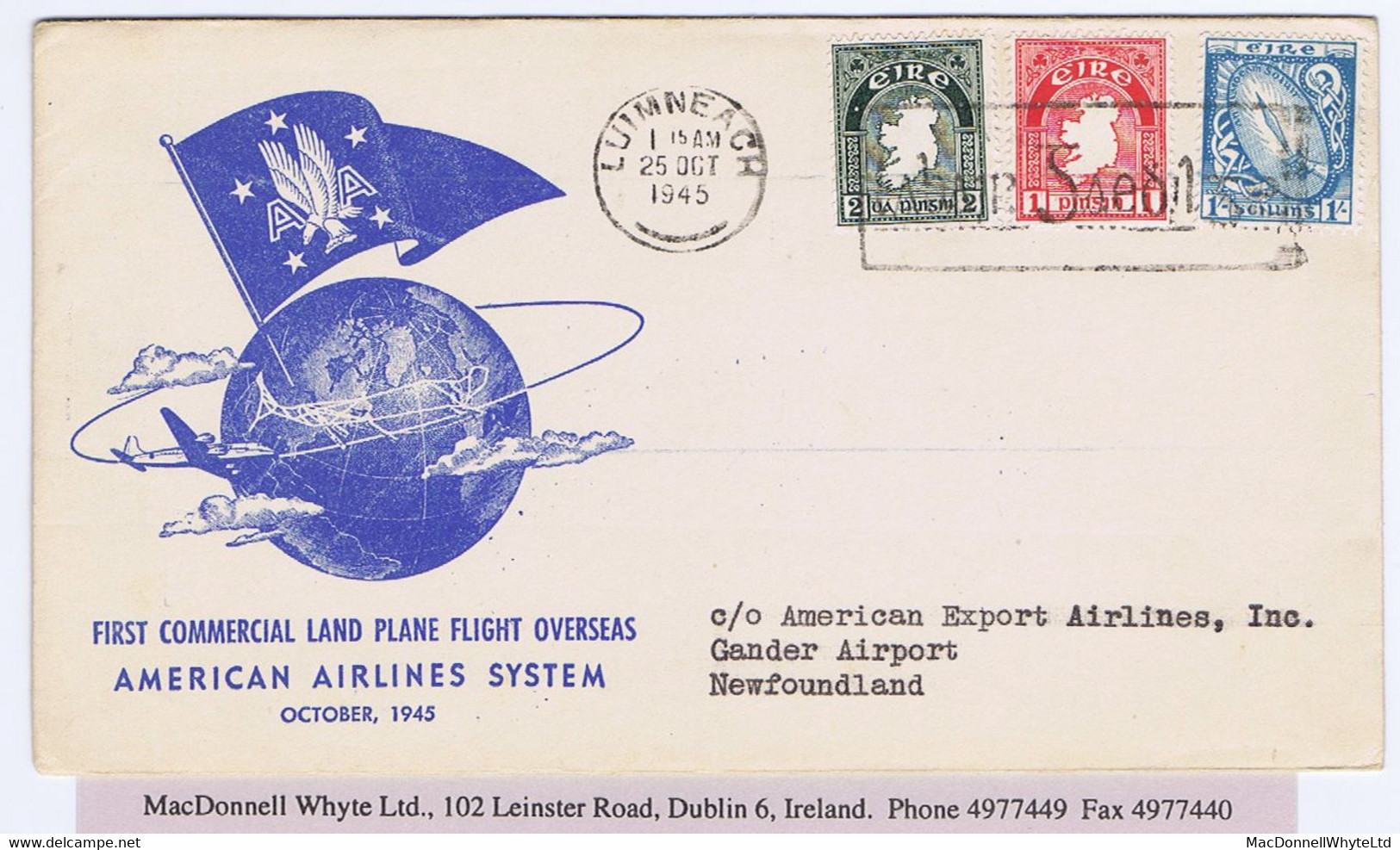 Ireland Airmail 1945 First Flight Shannon To Gander By American Airlines Printed Cachet Cover LUIMNEACH 24 NOV 1945 - Poste Aérienne