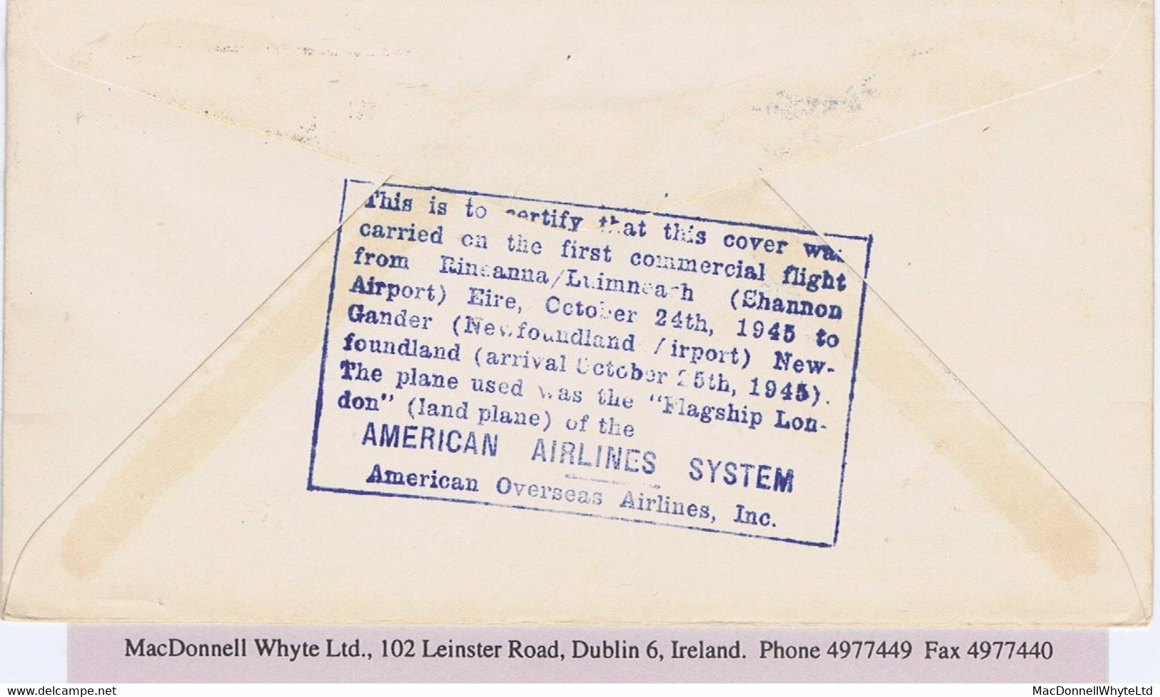 Ireland Airmail 1945 First Flight Shannon To Gander By American Airlines Printed Cachet Cover LUIMNEACH 24 NOV 1945 - Luchtpost