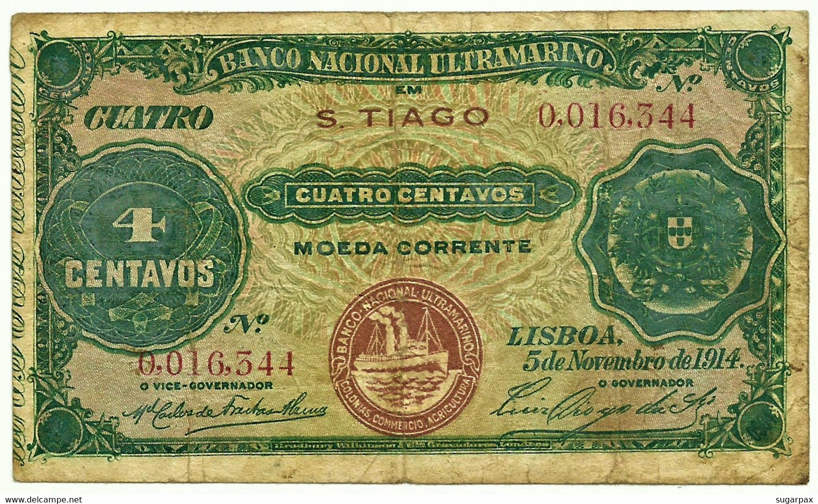 CAPE VERDE - 4 CENTAVOS - 5.11.1914 - Pick 10 - Overprint: S. Tiago In RED - Cabo Verde - Cabo Verde