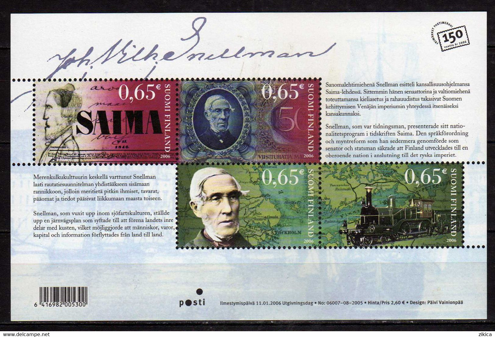 Finland 2006 The 200th Ann. Of The Birth Of J.V. Snellman.S/S.map. Train.locomotive.railway. MNH - Unused Stamps