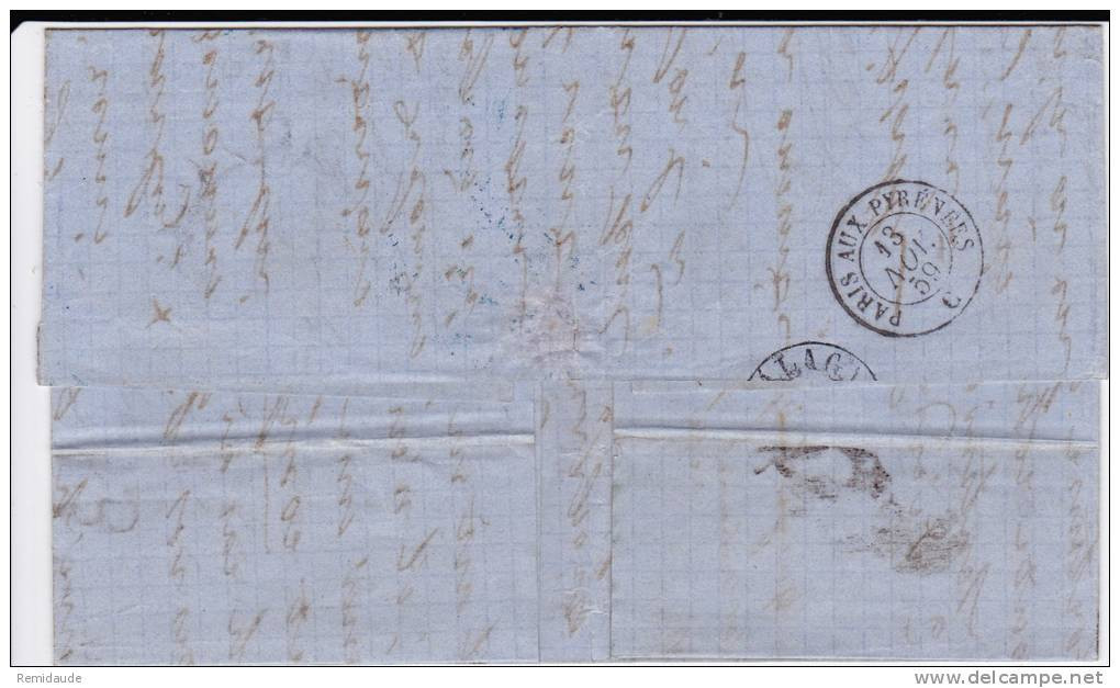 ESPAGNE - 1859 - LETTRE De PARIS Pour MALAGA Avec TAXE TAMPON De 2 REALS - AMBULANT PARIS AUX PYRENEES Au DOS - Storia Postale