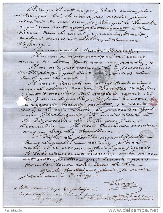 ESPAGNE - 1859 - LETTRE De PARIS Pour MALAGA Avec TAXE TAMPON De 2 REALS - AMBULANT PARIS AUX PYRENEES Au DOS - Brieven En Documenten