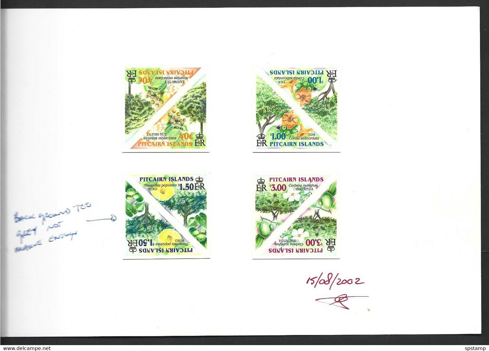 Pitcairn Islands 2002 Flowering Trees Set Of 4 Se-tenant Pairs As Imperforate Printer Proofs , With Corrections - Pitcairn Islands