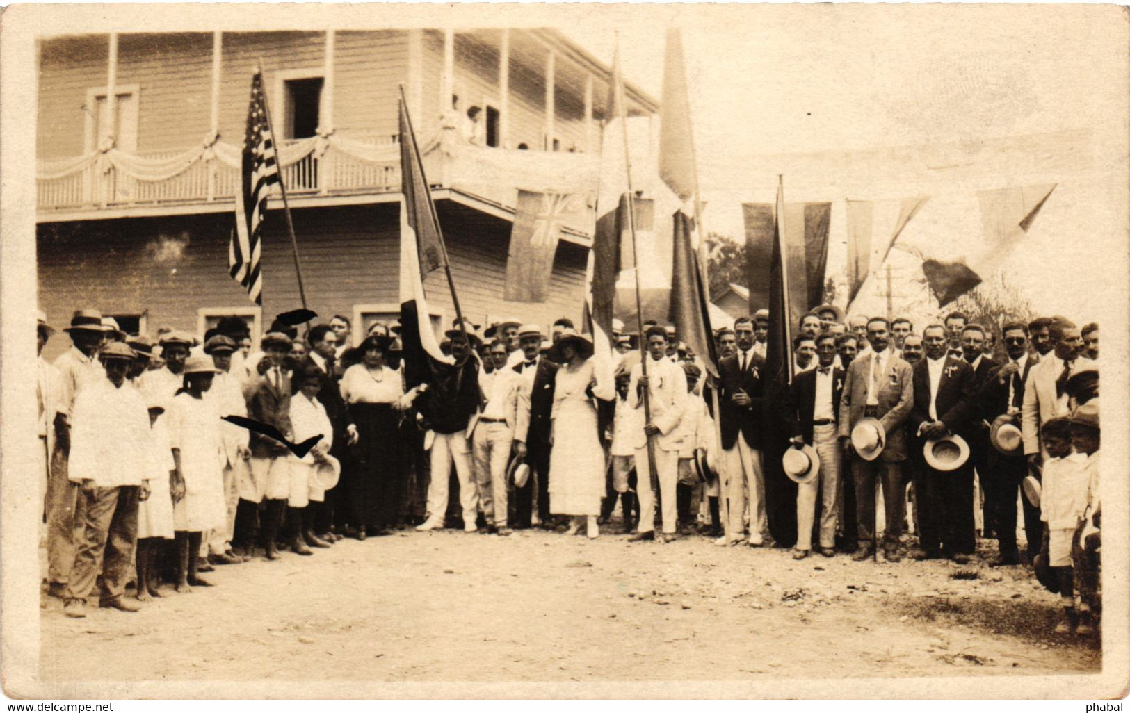 Honduras, Celebrating People In A Town With Flags, Vintage Real Photo Postcard - Honduras