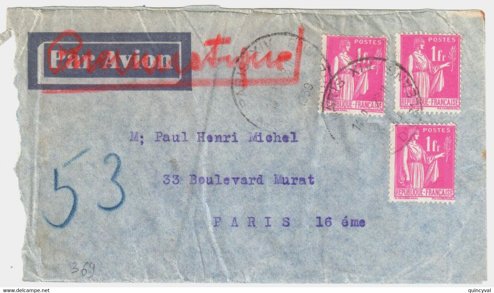 PARIS XIV Avenue D'Orléans Lettre Avion Pneumatique 1F Paix Rose Yv 369 Ob 20 1 1939 Dest Paris 53 - Briefe U. Dokumente