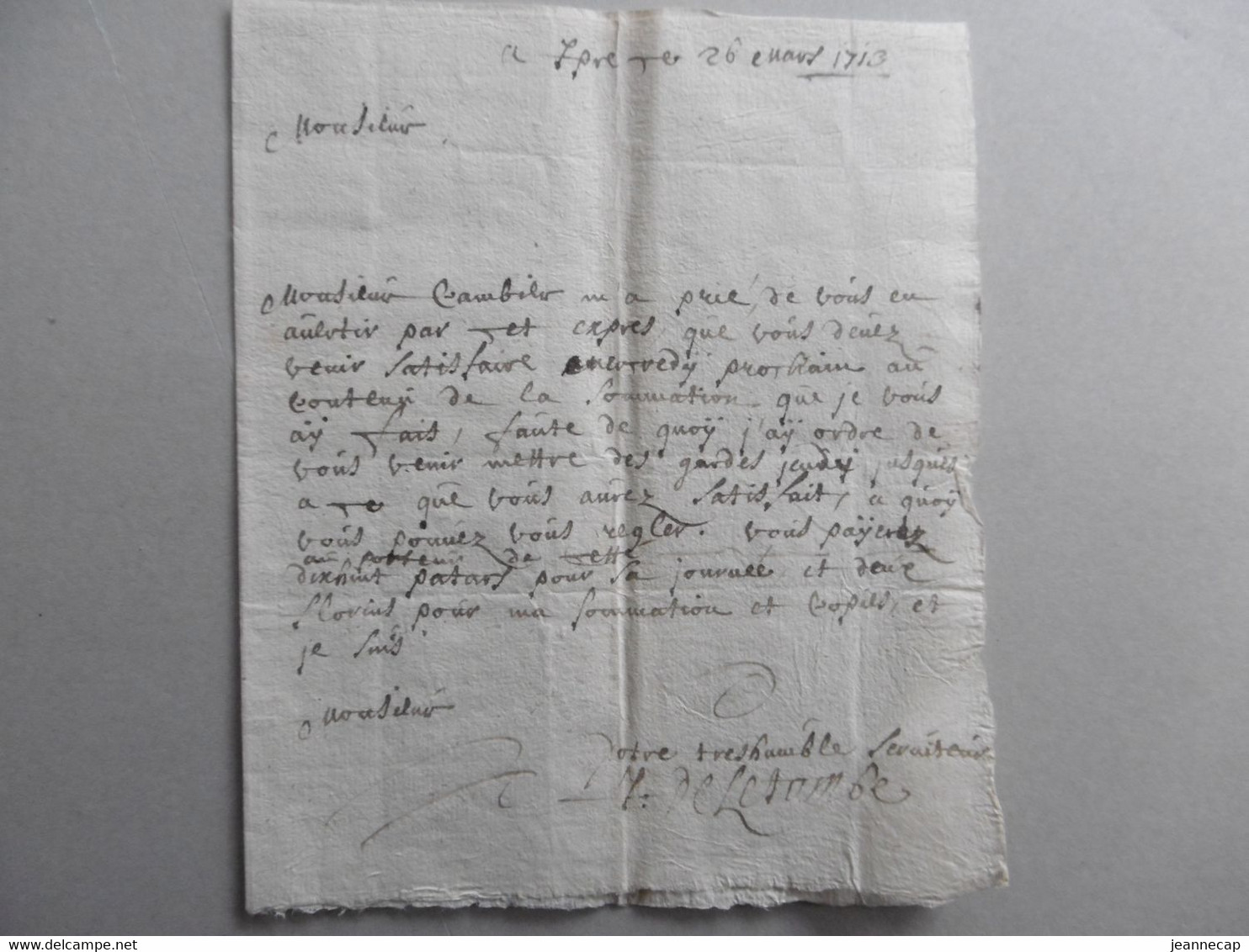 LAC IPRE (Ieper) Vers Landtsweert Greffier à Reneghels (Reningelst) Port 18 Patars 2 Florins Au Porteur. 26 Mars 1713 ! - Manuscripten