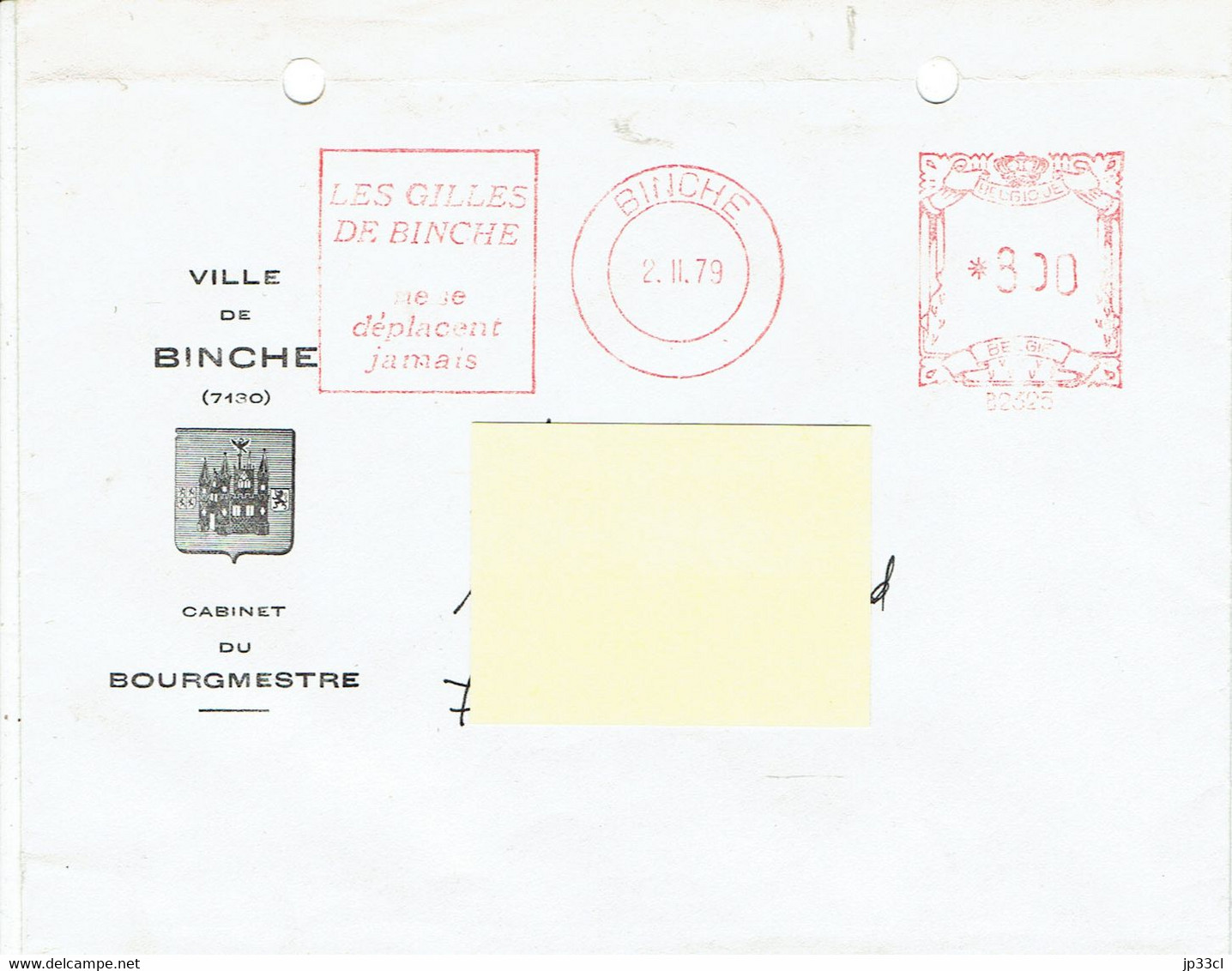 Binche : Lettre Du Cabinet Du Bourgmestre Yvon Le Roi Avec Flamme "Les Gilles De Binche Ne Se Déplacent Jamais" 2/2/1979 - Andere & Zonder Classificatie