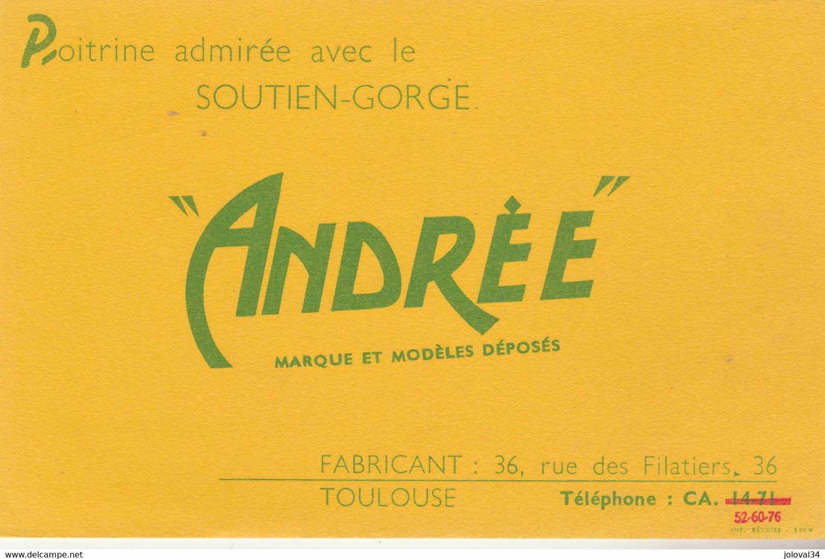 Buvard  Poitrine Admirée Avec Le Soutien Gorge ANDREE TOULOUSE Haute Garonne - Vert Sur Jaune Numéro Téléphone MODIFIE - Textile & Vestimentaire