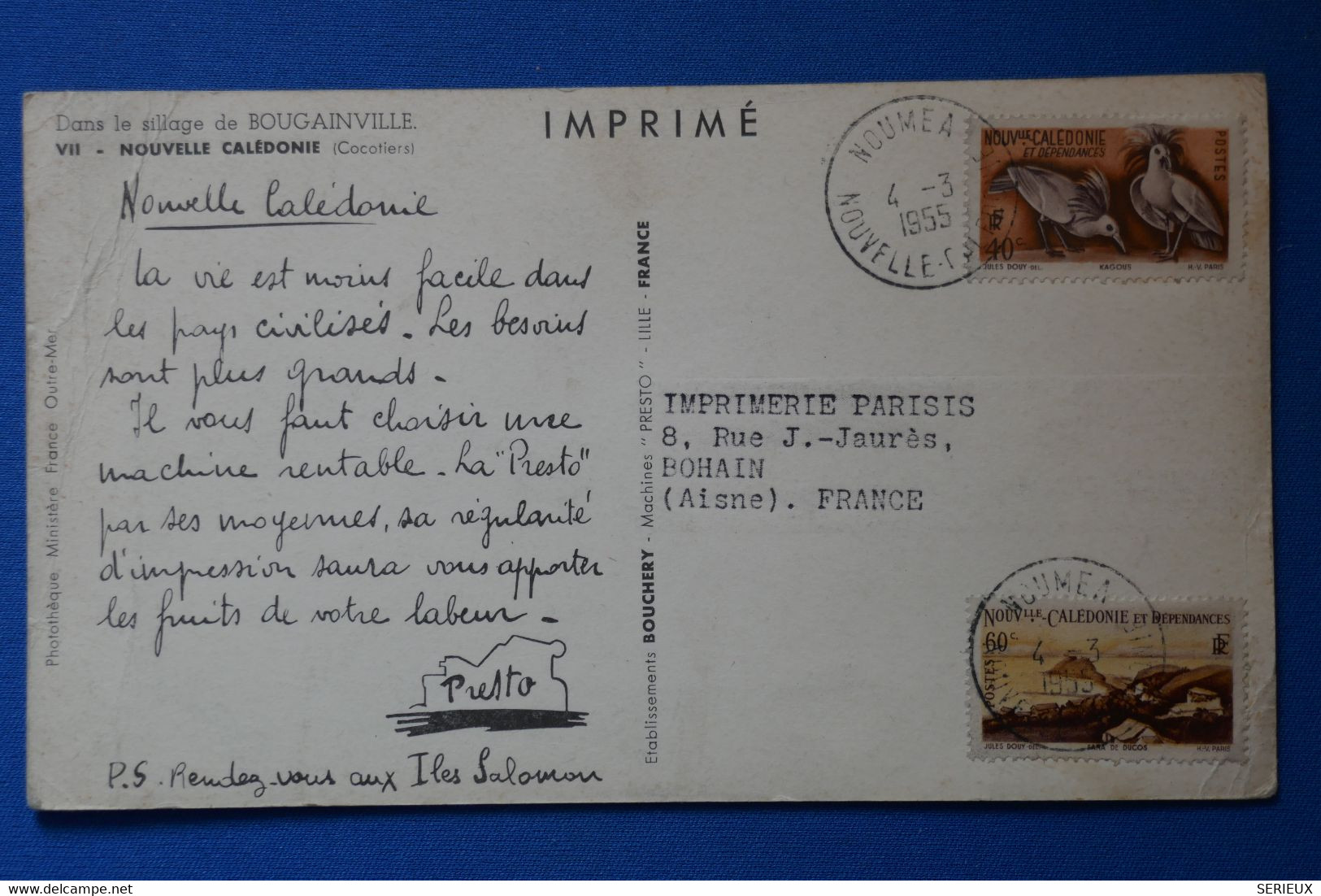 Q4 NOUVELLE CALEDONIE BELLE  CARTE 1955  IMPRIME NOUMEA POUR BOHAIN + AFFRANCHISSEMENT PLAISANT - Brieven En Documenten