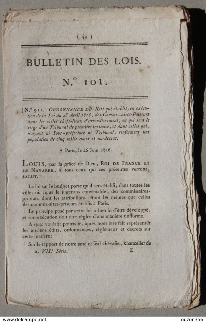 Bulletin Des Lois Du Royaume De France N°101, 7e Série, T.3, 1816, Commissaires-Priseurs - Décrets & Lois