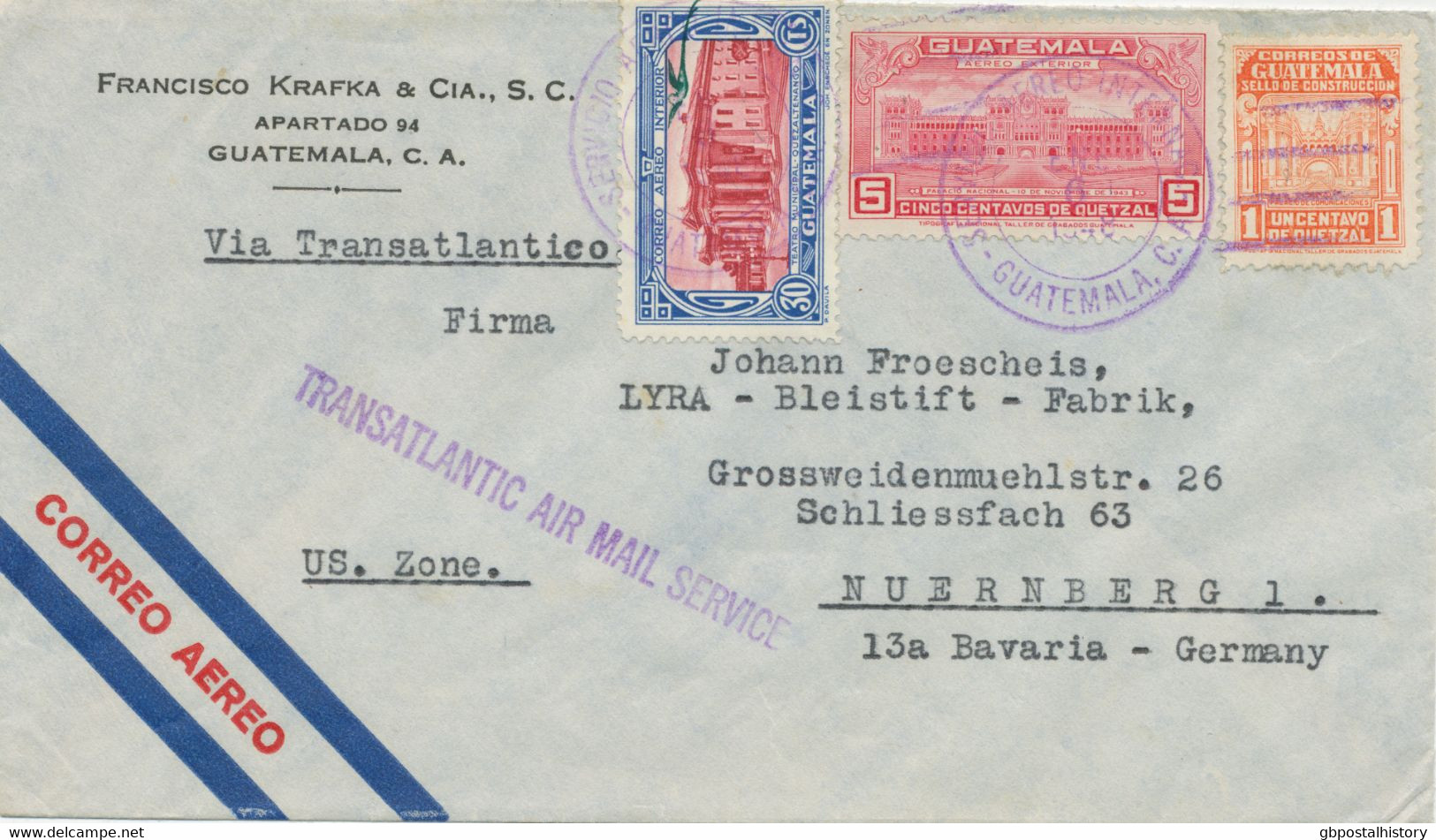 GUATEMALA 1948 Int. MiF A. Pra.-Flugpost-Brief Mit Viol.   L1 „TRANSATLANTIC AIR MAIL SERVICE „GUATEMALA - NÜRNBERG" - Guatemala