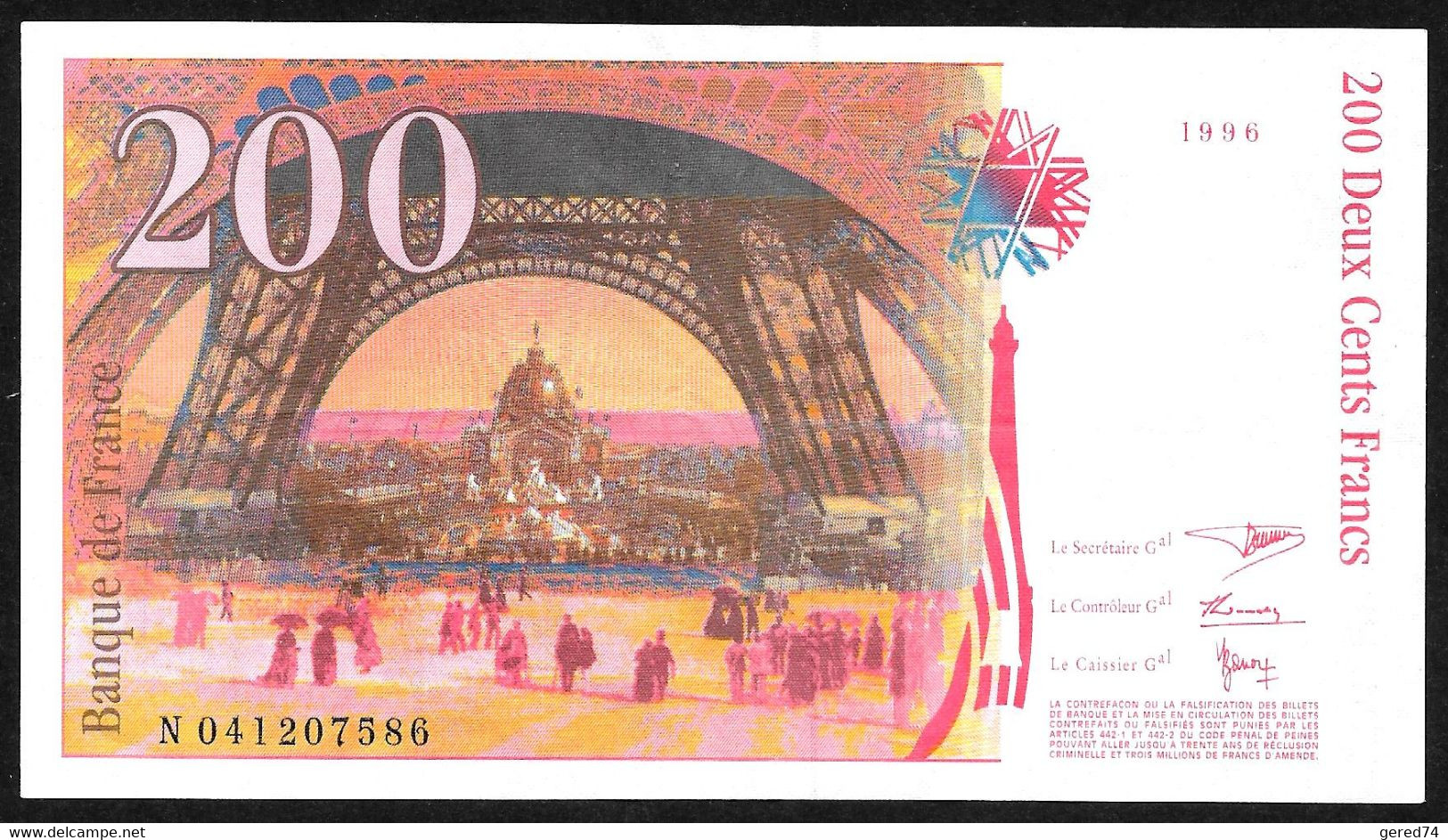 France 200 FF "Eiffel" : Billet De 1996 - Légère Trace De Pli Transversal - Très Bel état (4) - 200 F 1995-1999 ''Eiffel''