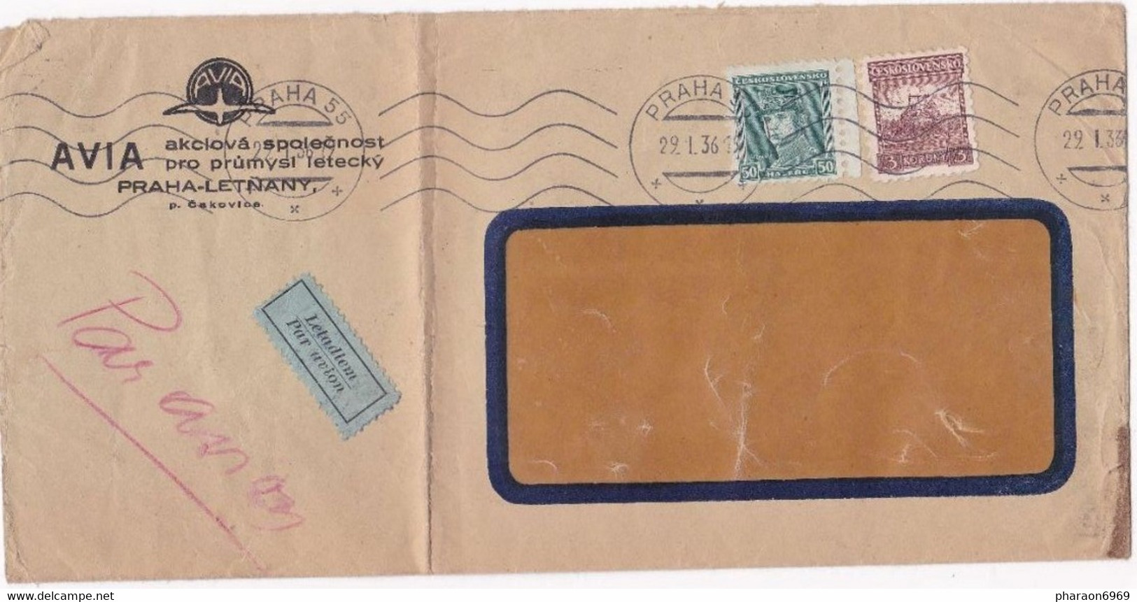 Enveloppe Avia Par Avion Letadlem Praha 55 - Covers & Documents