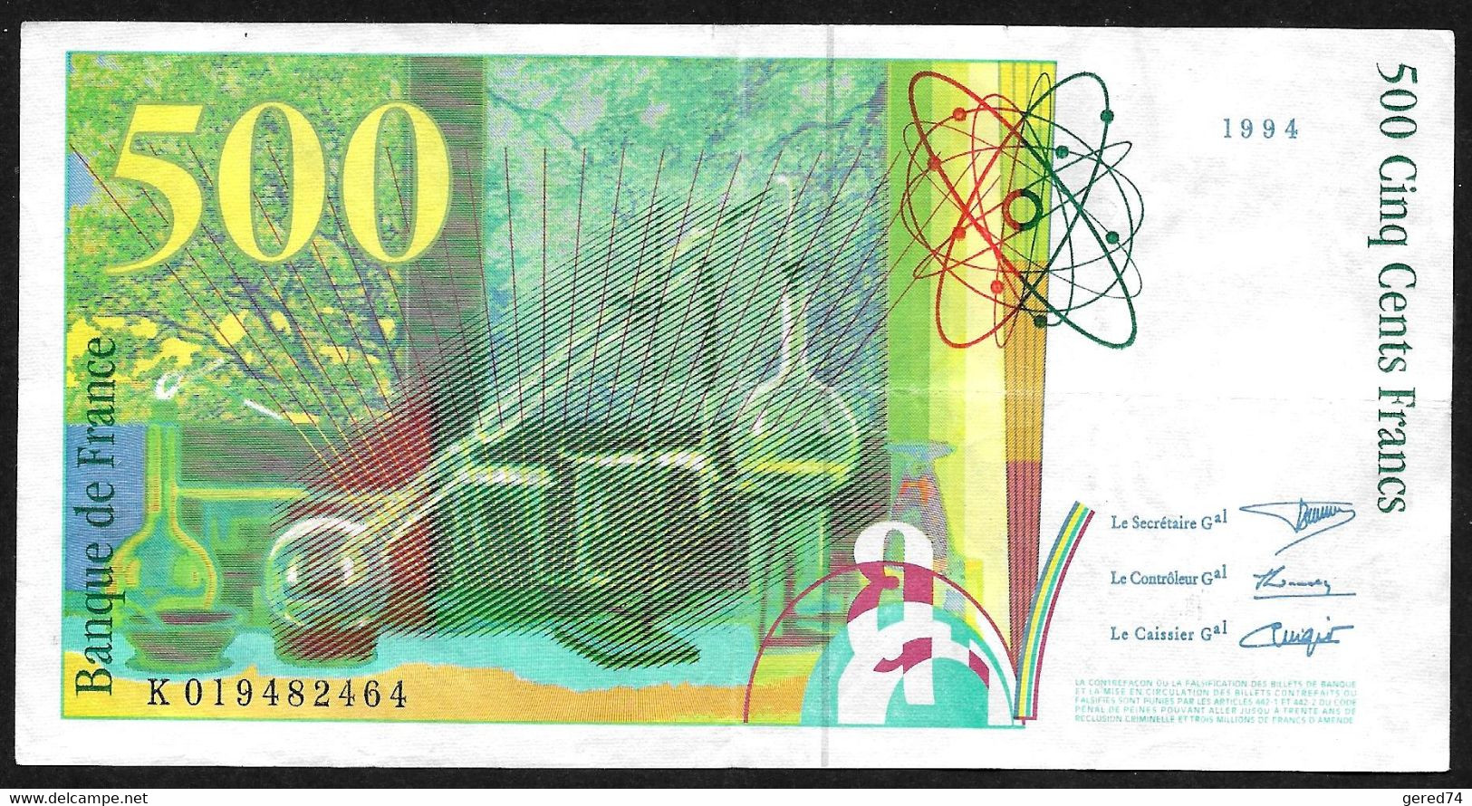 France 500 FF "Curie" : Billet De 1994 - Amorce De Déchirure 2 Mm En Haut (2) - 500 F 1994-2000 ''Pierre En Marie Curie''