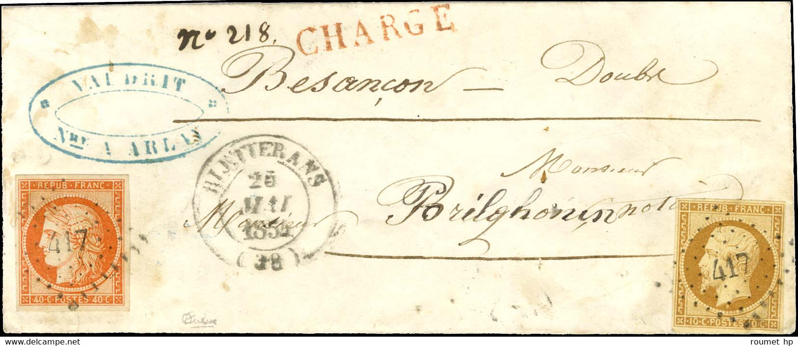 PC 417 / N° 5 + 9 (les 2 Ex Belles Marges) Càd T 14 BLETTERANS (38) 25 MAI 1854 Sur Lettre Chargée Pour Besançon. - SUP. - 1849-1850 Cérès