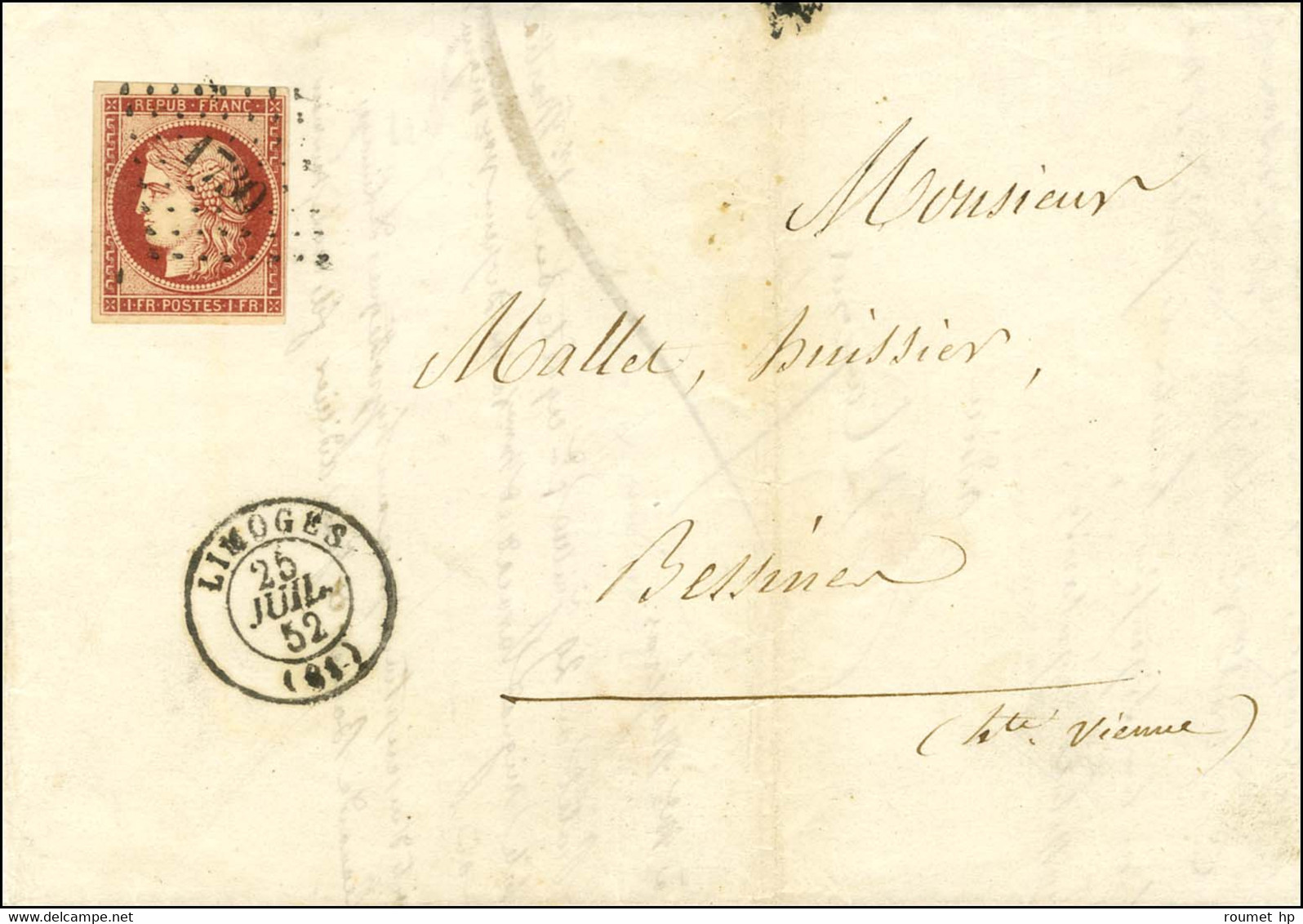 PC 1730 / N° 6 Belles Marges Et Superbe Nuance Càd T 15 LIMOGES (81) Sur Lettre 3 Ports Pour Bessines. 1852. - SUP. - R. - 1849-1850 Ceres