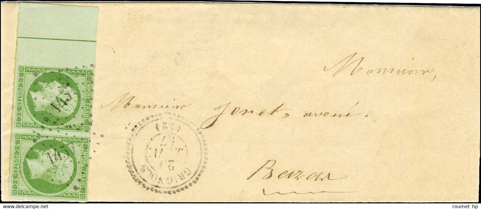 PC 1457 / N° 12 Paire Bdf Intégral Avec Filet D'encadrement Càd T 22 GRIGNOLS (32) Sur Lettre Locale. 1857. - SUP. - RR. - 1853-1860 Napoleon III