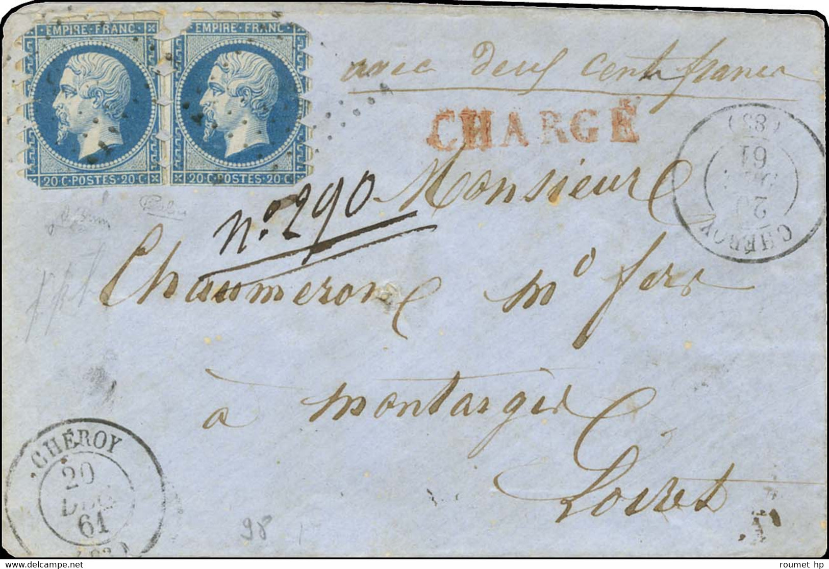 PC 843 / N° 14 Paire Piquage De Cheroy Càd T 15 CHEROY 20 DEC. 61 Sur Lettre Chargée Pour Montargis. Exceptionnelle Comb - 1853-1860 Napoléon III