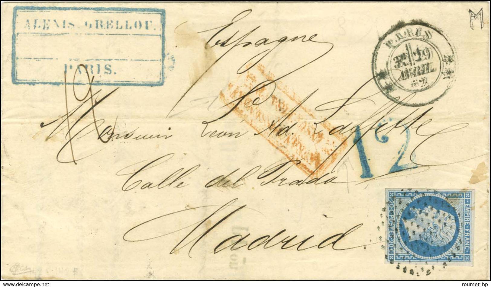 Cercle De Points / N° 14 Càd ** PARIS ** Sur Lettre Insuffisamment Affranchie Pour Madrid, Au Recto Taxe Tampon 12 Bleue - 1853-1860 Napoleon III