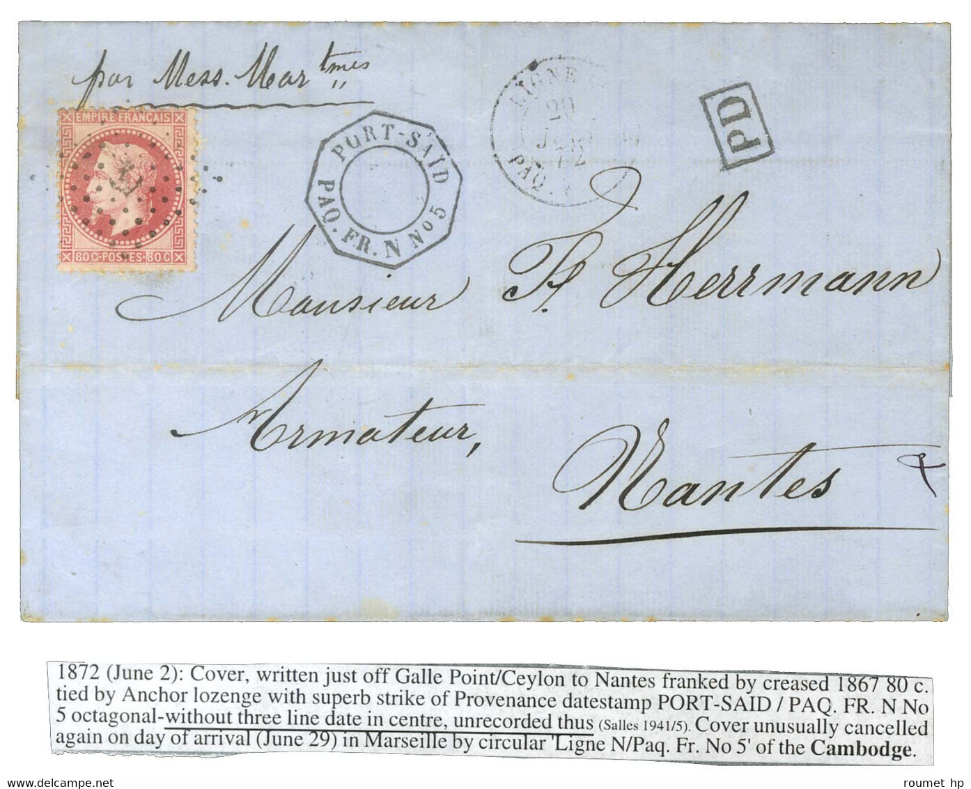 Ancre / N° 32 Càd Octo Avec Centre évidé PORT-SAID / PAQ. FR. N° 5 Sur Lettre Pour Nantes. 1872. Non Signalé Par Salles. - Maritime Post