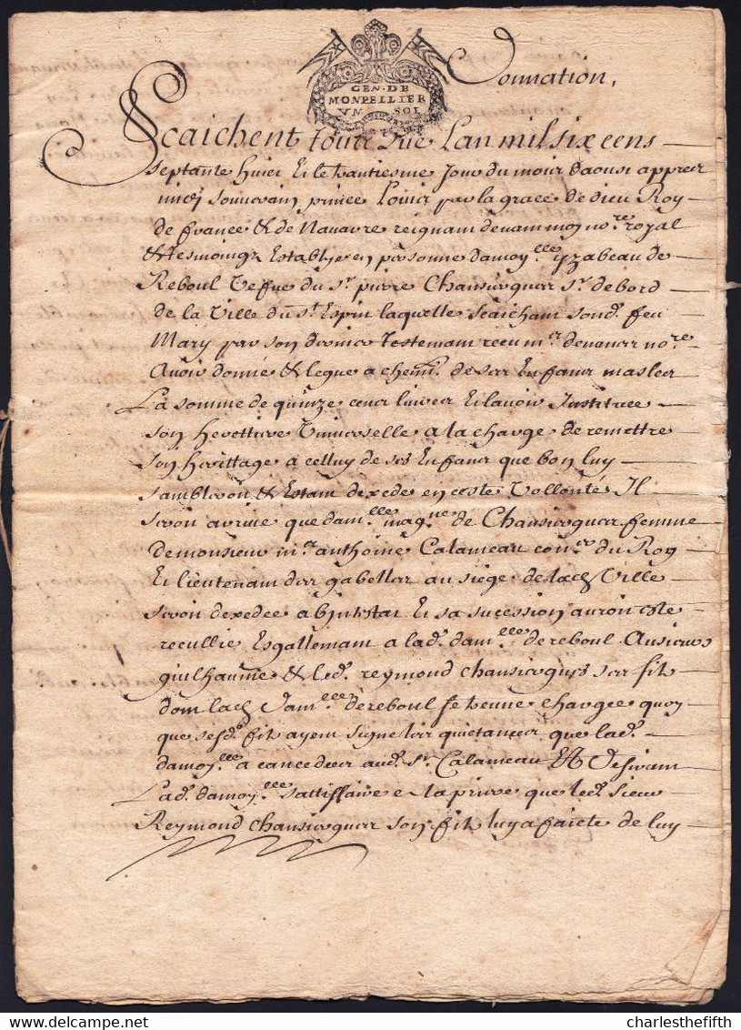 ( Gen. De Monpellier ) - DONATION DE 1678 ISABEAU DE REBOUL à SON FILS - RARE ! 6 Pages D'écriture - Documents Historiques