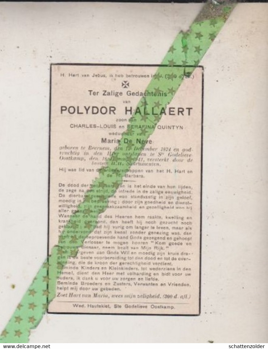 Polydor Hallaert-De Neve, Beernem 1874, Sint Godelieve Oostkamp 1941 - Décès