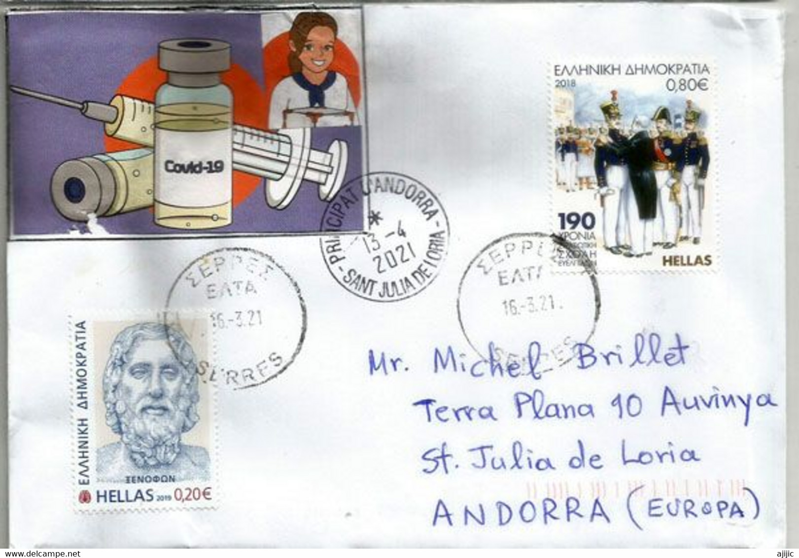 Belle Lettre De Grèce Arrivée Andorra Pendant Confinement Covid-19, Avec Vignette Locale Prevention Coronavirus - Covers & Documents