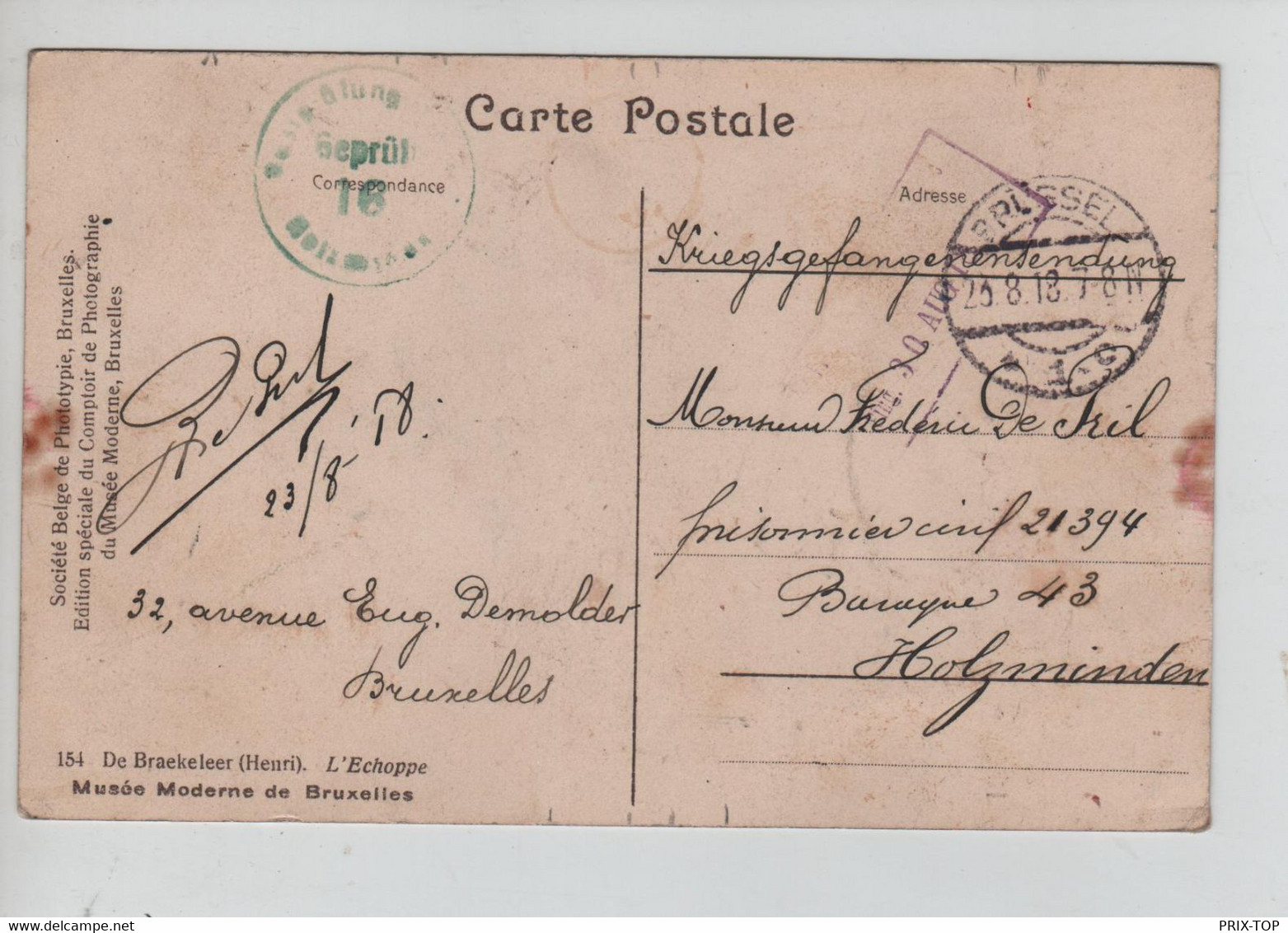 REF3939/ CP-PK Càp Brüssel 23/8/18 > PDG-POW Holzminden Censure Du Camp Geprüft 16 - Prisioneros