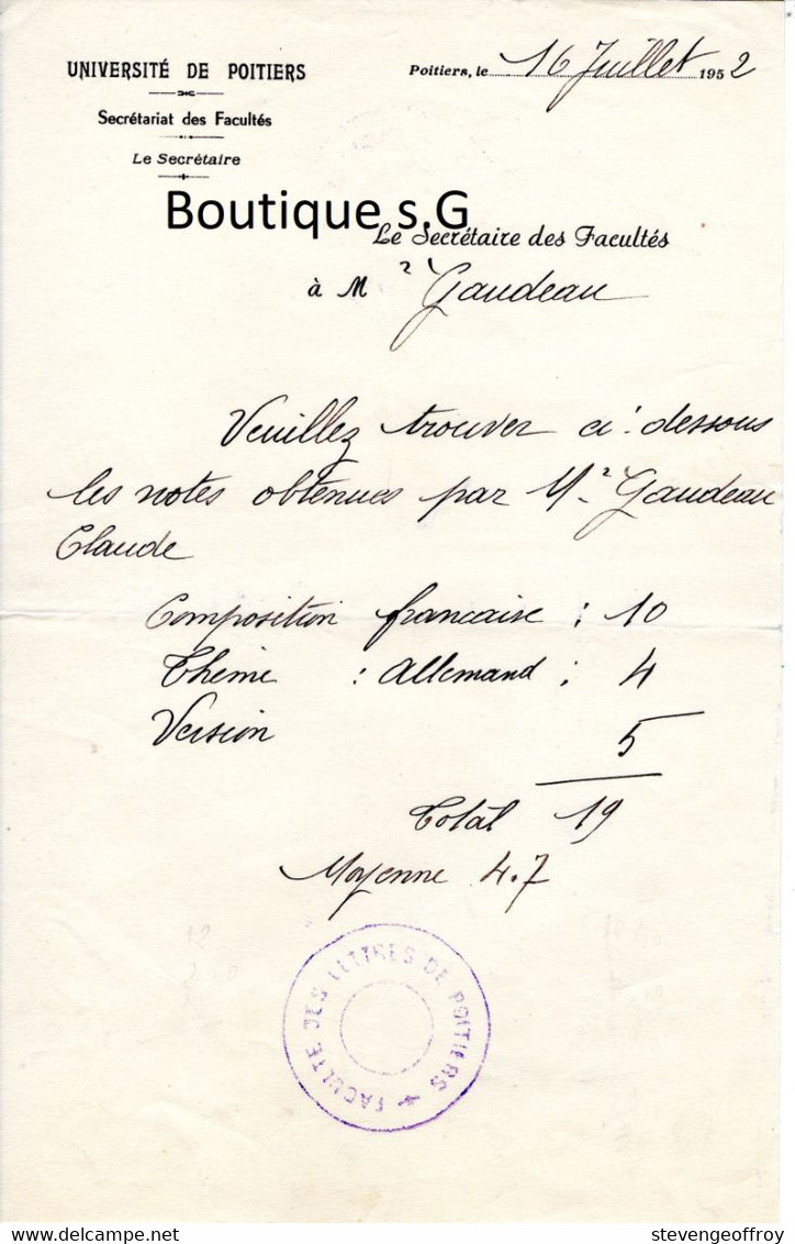 Lettre Université Poitiers 1952 Secretariat Facultés Secretaire Note Gaudeau Claude - Documents Historiques
