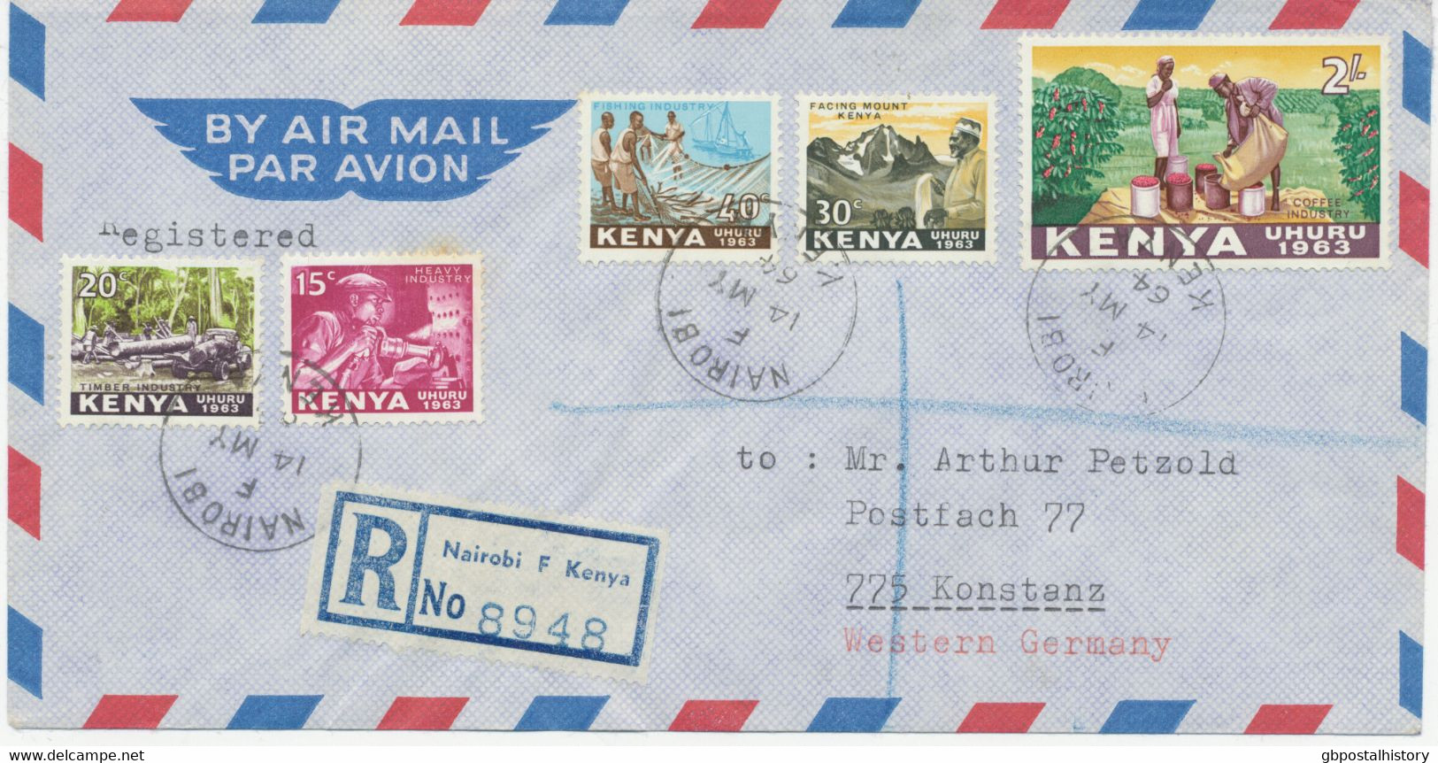 KENYA 1964 First Definitives 15 C, 20 C, 30 C, 40 C And 2 Sh On Superb Registered Airmail Cover From „NAIROBI F / KENYA" - Kenia (1963-...)