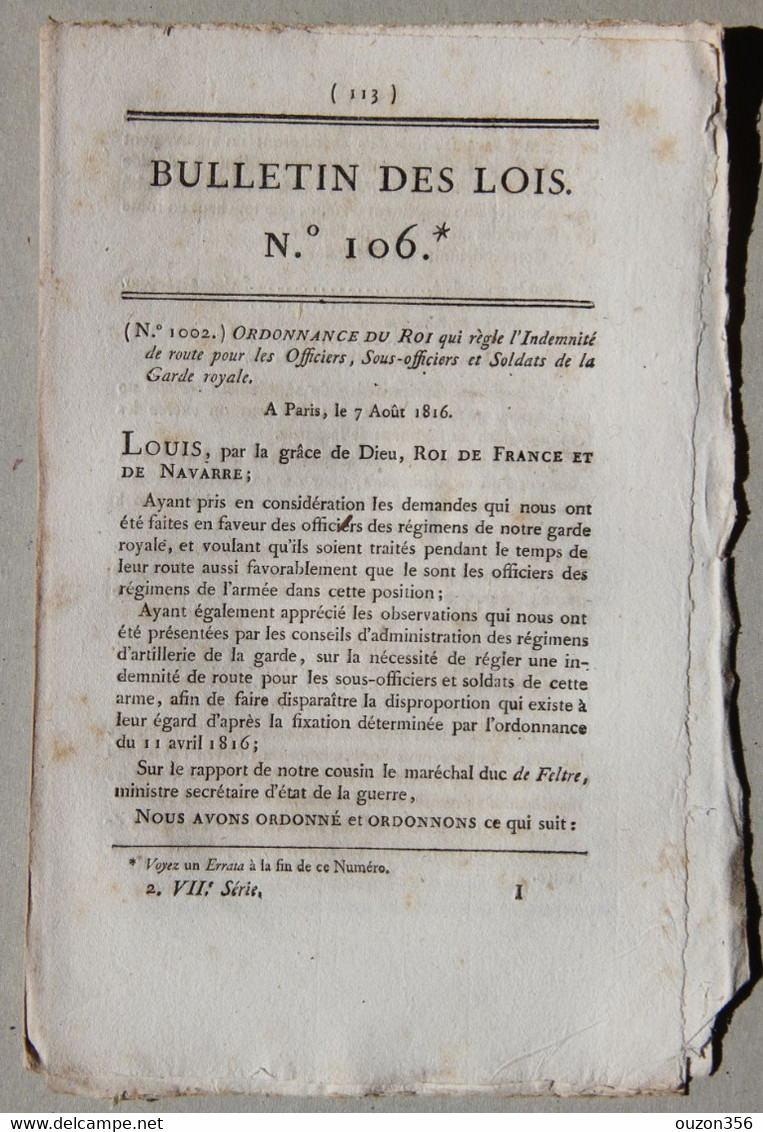 Bulletin Des Lois Du Royaume De France N°106, 7e Série, T.3, 1816, Indemnité De Route Officiers, Soldats Garde Royale - Décrets & Lois