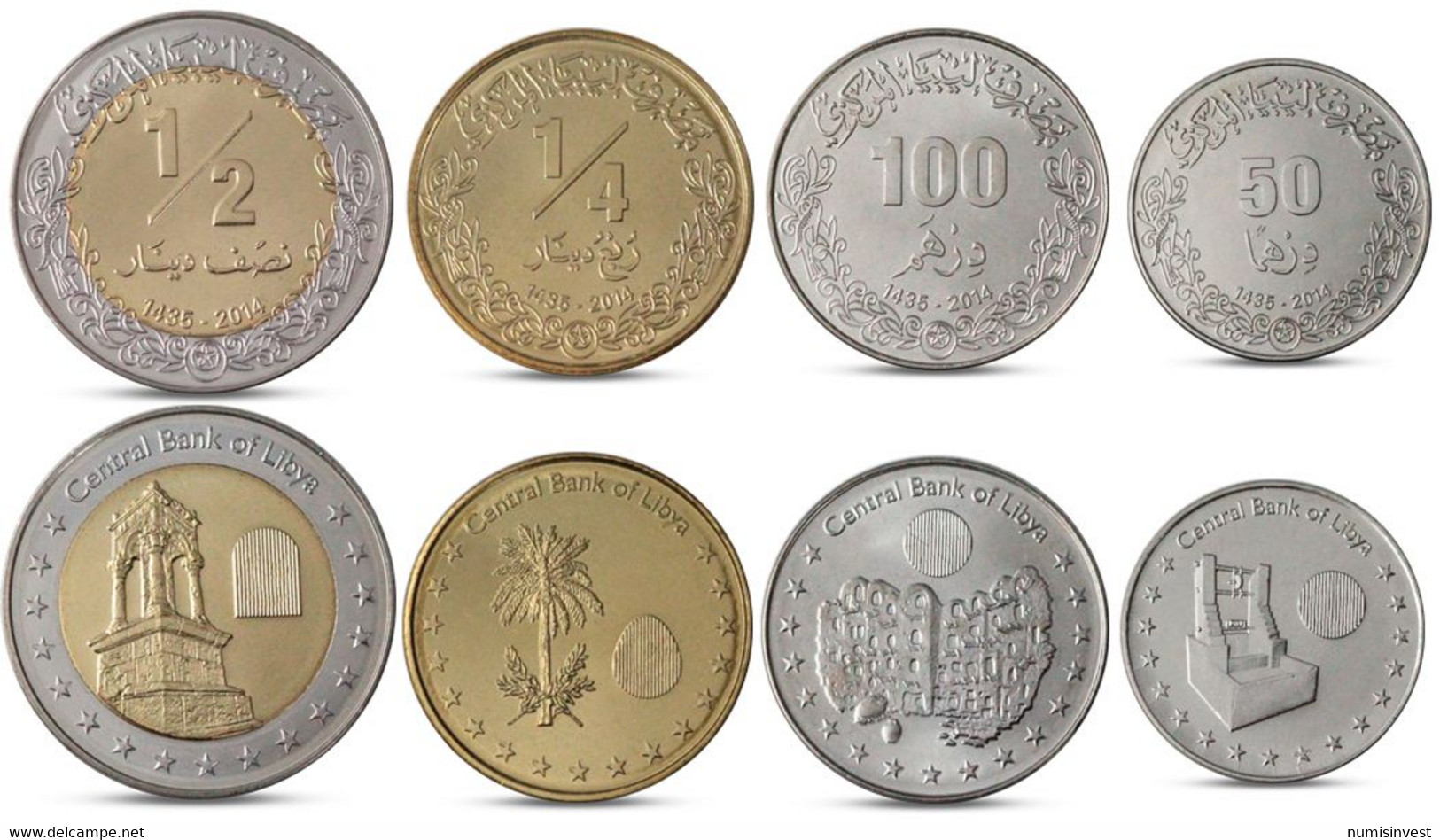 LIBYA CURRENCY SET 4 COINS 50, 100 DIRHAMS + 1/4, 1/2 DINAR BIMETALL 2014 UNC - Libya