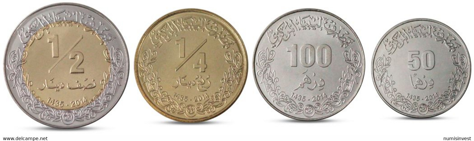 LIBYA CURRENCY SET 4 COINS 50, 100 DIRHAMS + 1/4, 1/2 DINAR BIMETALL 2014 UNC - Libye