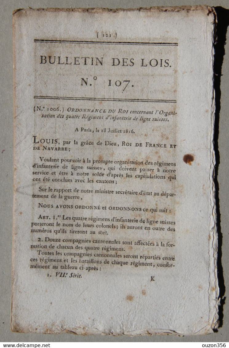 Bulletin Des Lois Du Royaume De France N°107, 7e Série, T.3, 1816, Régiments D'infanterie De Ligne Suisses - Décrets & Lois