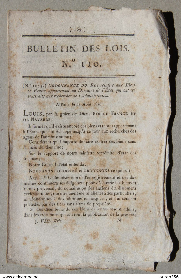 Bulletin Des Lois Du Royaume De France N°110, 7e Série, T.3, 1816, Biens Et Rentes Appartenant à L'Etat - Décrets & Lois