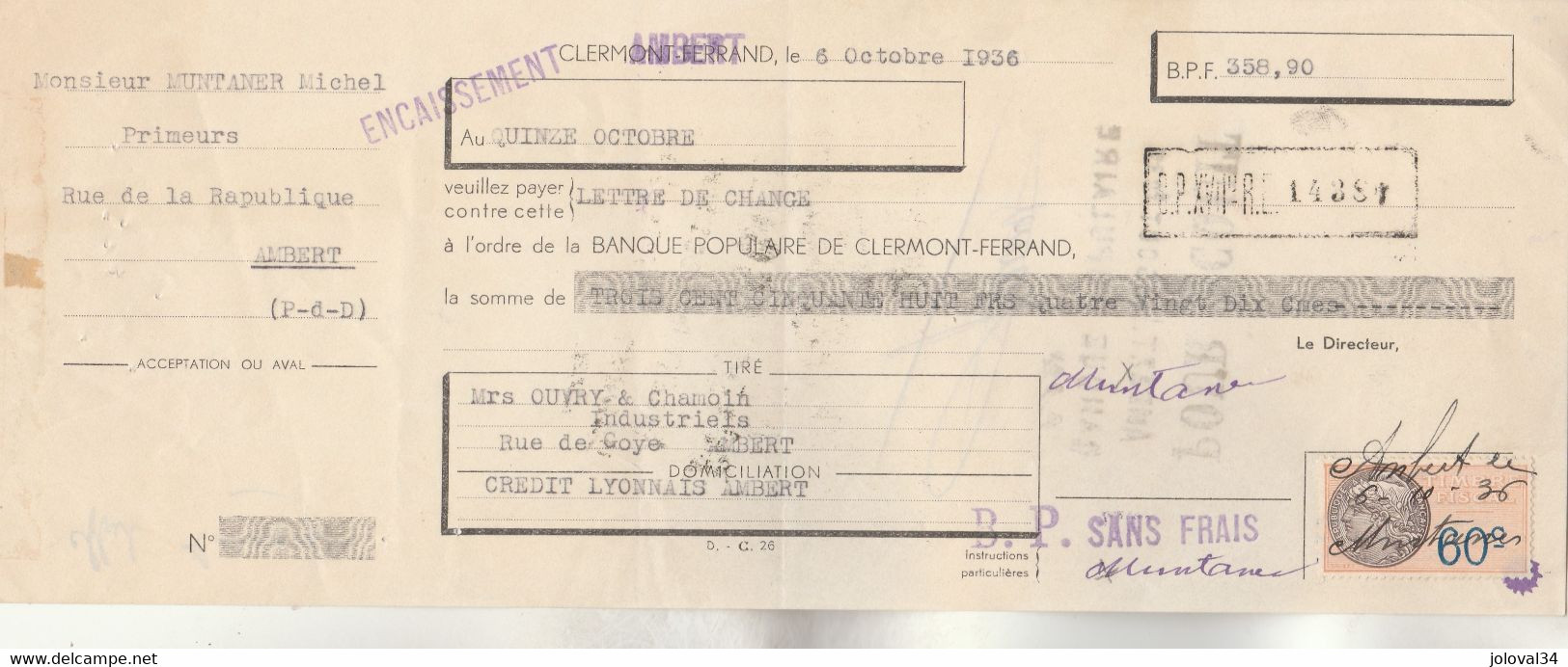 Lettre Change 6/10/1936 MUNTANER Michel Primeurs AMBERT Puy De Dôme - Timbre Fiscal - Bills Of Exchange