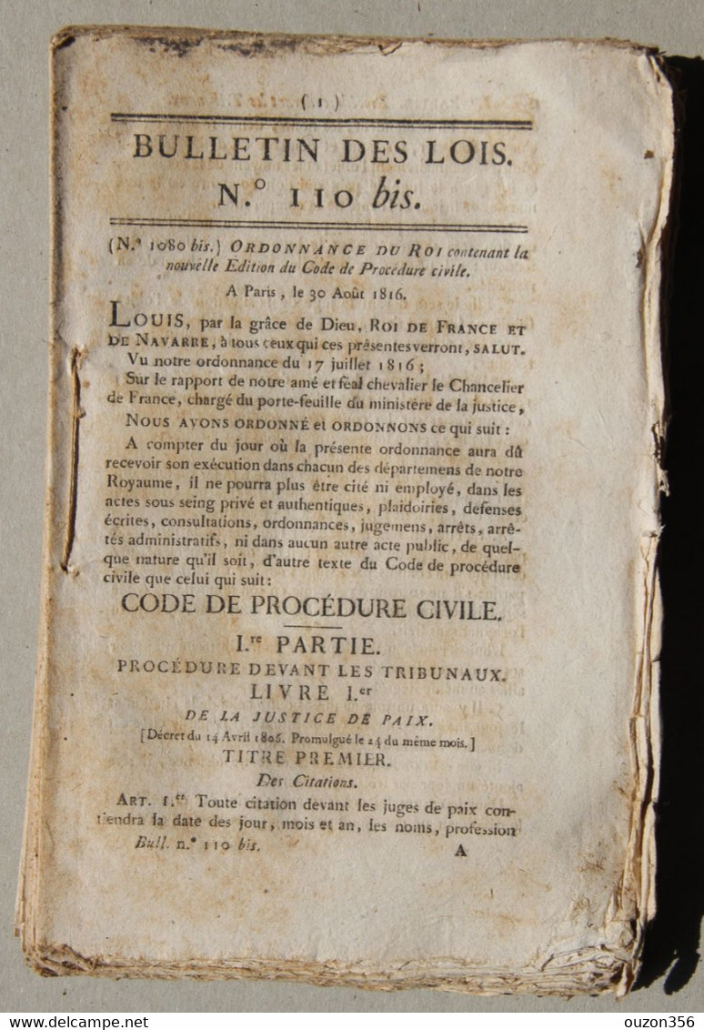 Bulletin Des Lois Du Royaume De France N°110 Bis, 1816, Nouvelle édition Code Procédure Civile - Décrets & Lois